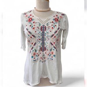 JW Los Angeles by Johnny Was White Embroidered Boho Tunic Top Small